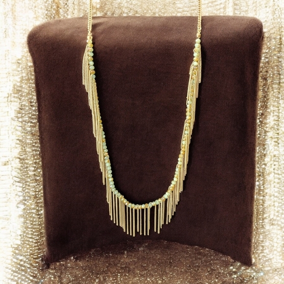 Freedom gold and green long necklace with a boho feeling fringe. - Picture 1 of 12